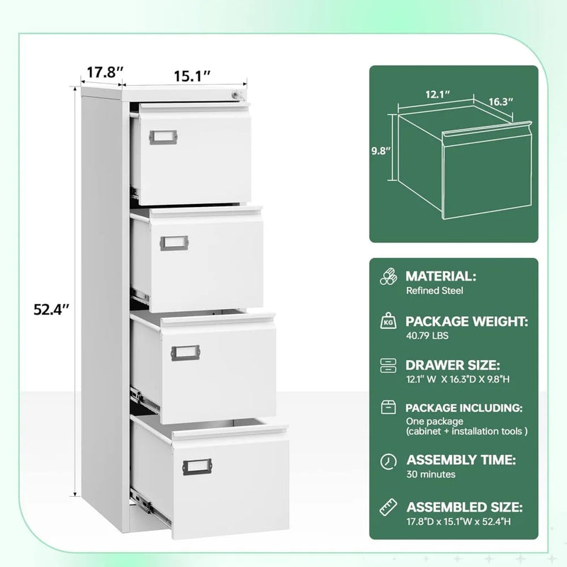 4 Drawer File Cabinet with Lock,Metal Office Filing Cabinets for Home Office- Storage A4/F4/Letter/Legal -Assembly Required