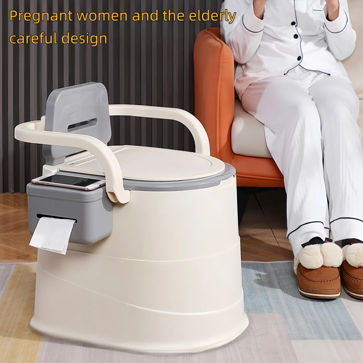 Portable Toilet with Back Support Camping and Travel Use designed for pregnant women and the elderly with careful design.