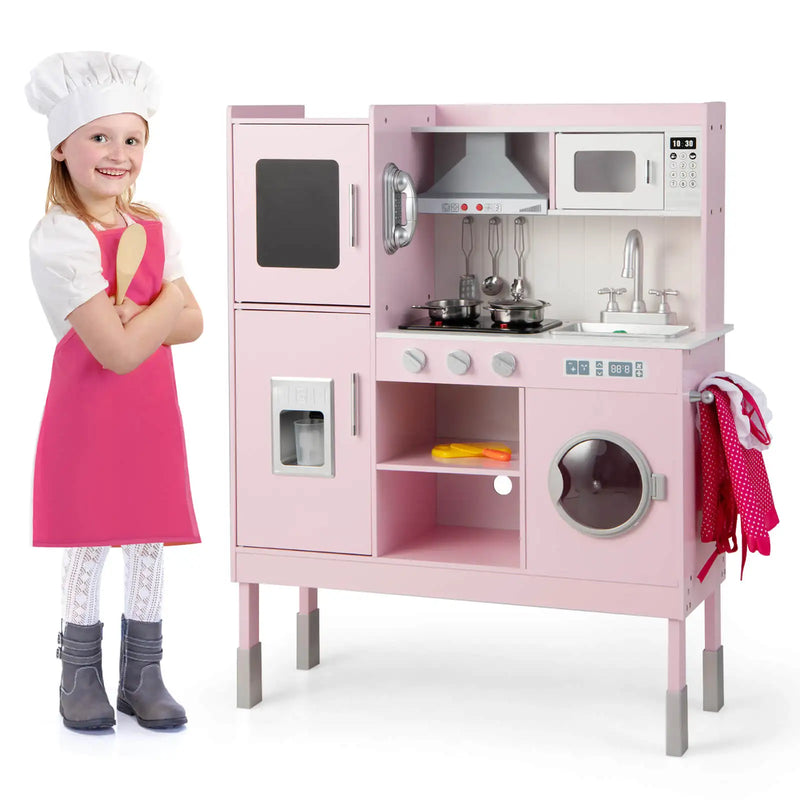 Kids Pretend Kitchen Play Set Toddler Toy Wooden Chef Height Adjustable w/Sounds