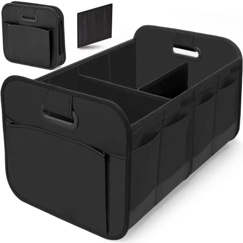 Car Storage Box to Organize Your Trunk & Say Goodbye to Mess - black organizational trunk storage box with pockets.