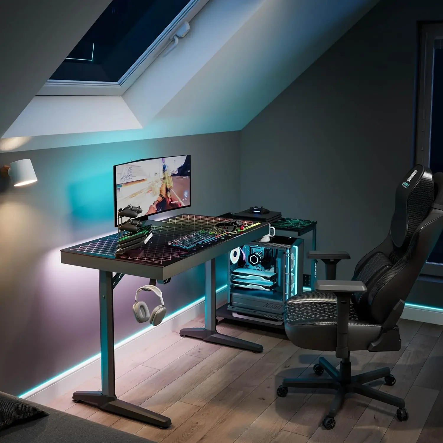 EUREKA ERGONOMIC RGB LED Gaming Desk, Music Sync Lights Up Tempered Glass Desktop, 43" GTG I43 Home Office Computer Table W Cont