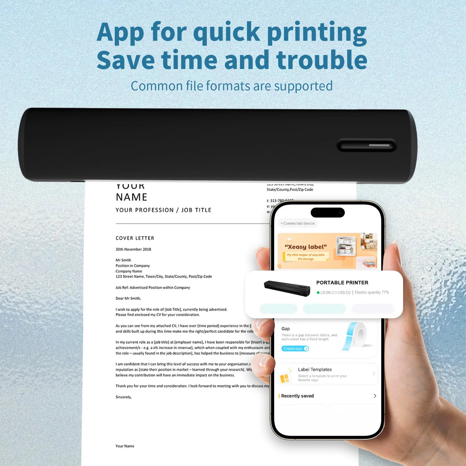 Portable Printer Wireless Inkless Thermal A4 C80 300DPI US-letter Mobile Printer Support Android iOS for Travel Work Home
