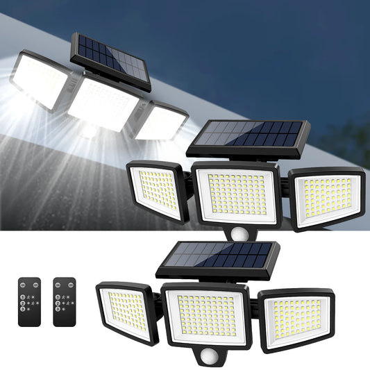 Solar Motion Sensor Security Light. 3- Head, 200+ LEDs, Waterproof