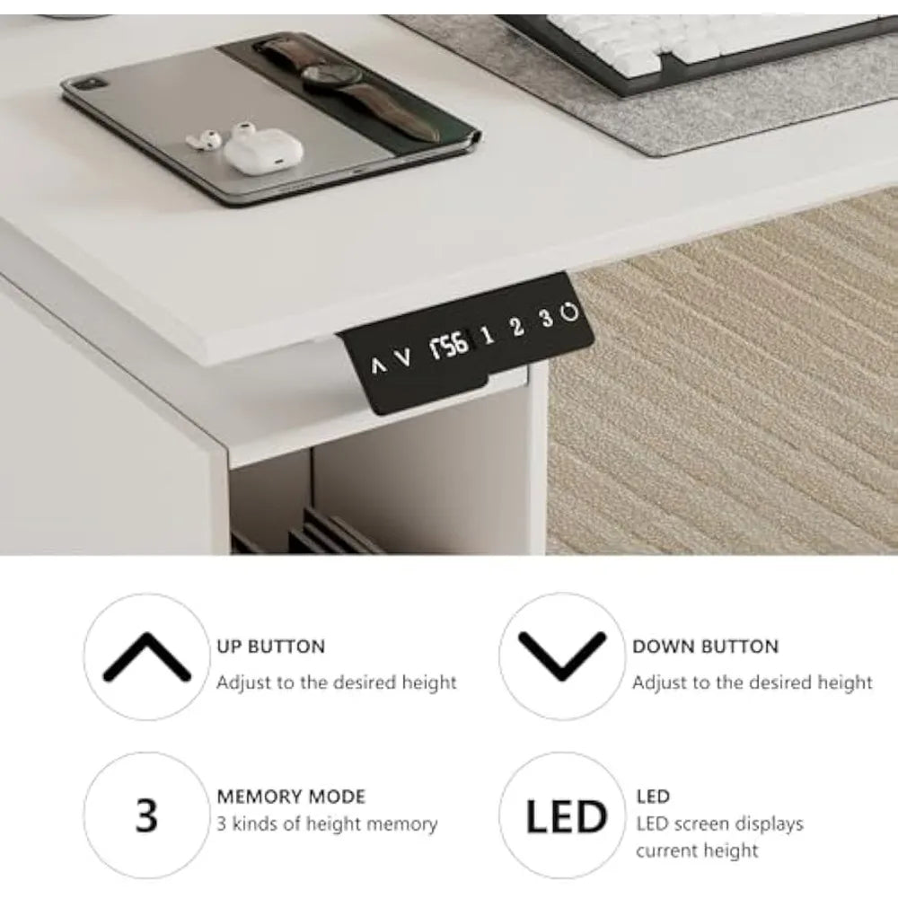 Computer Desk 63'' L, Height Adjustable Stand up Desk, USB Charge Ports, LED Display, Home Office Modern Wood Computer Desk