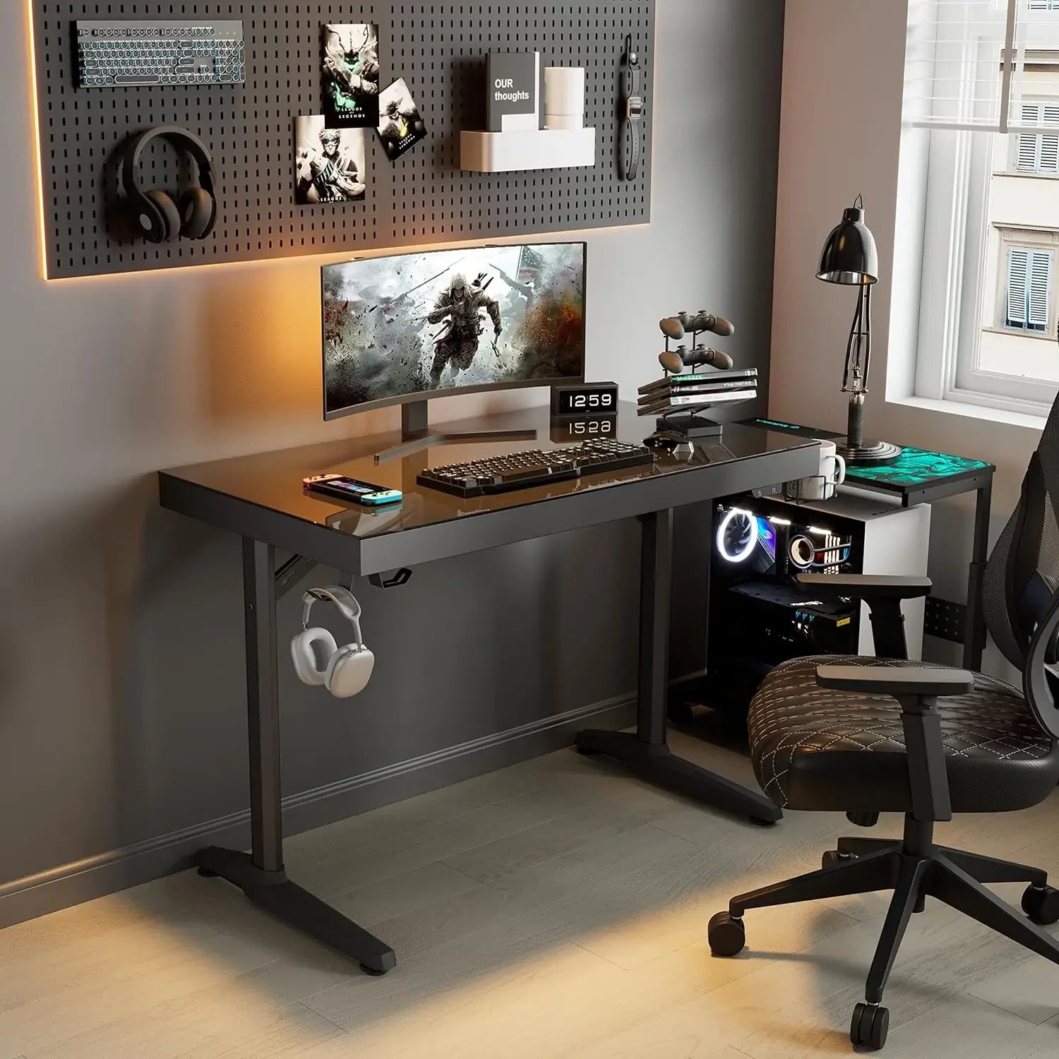 EUREKA ERGONOMIC RGB LED Gaming Desk, Music Sync Lights Up Tempered Glass Desktop, 43" GTG I43 Home Office Computer Table W Cont