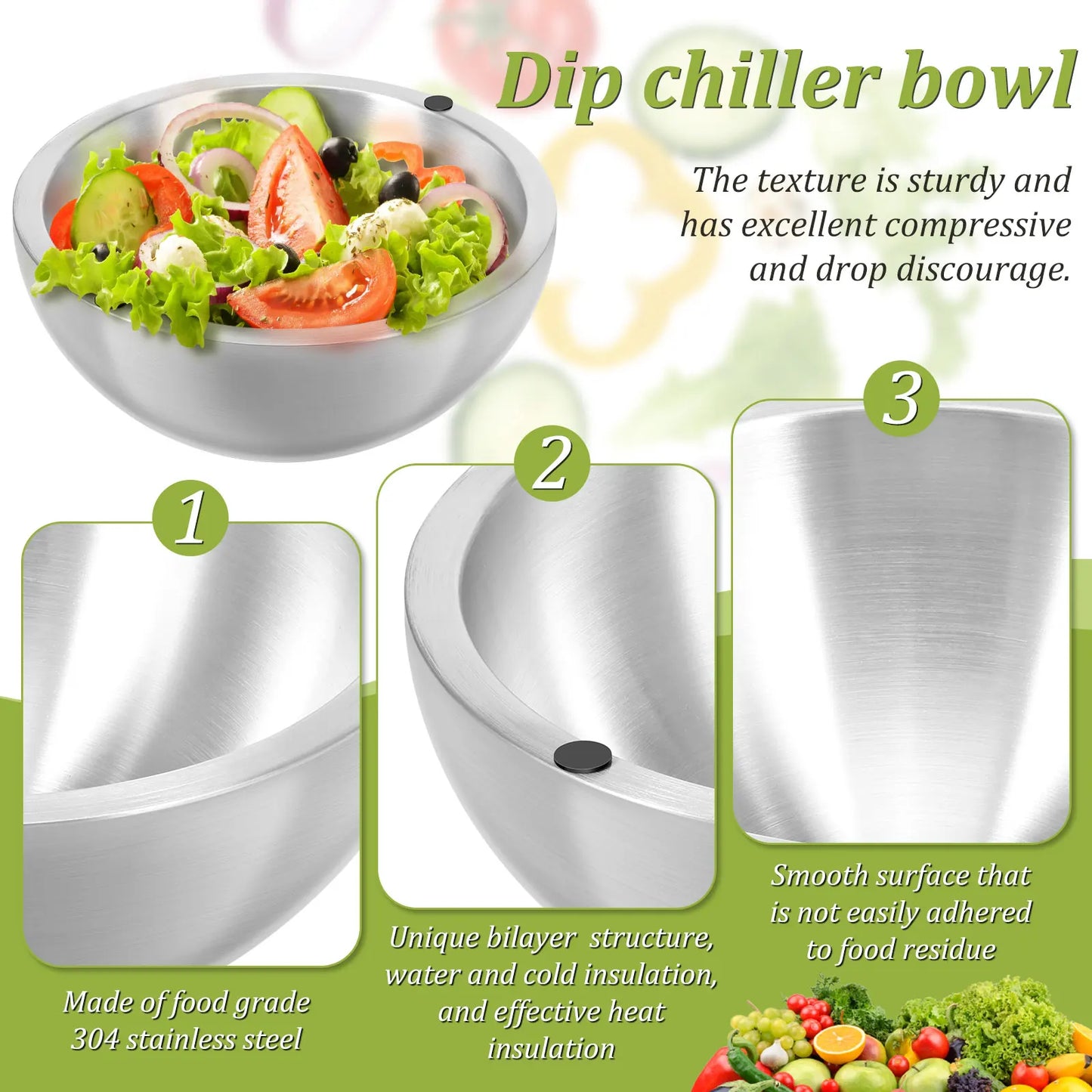 Stainless Steel Chilled Dip Bowl — Double-Walled Ice Cavity, Insulated
