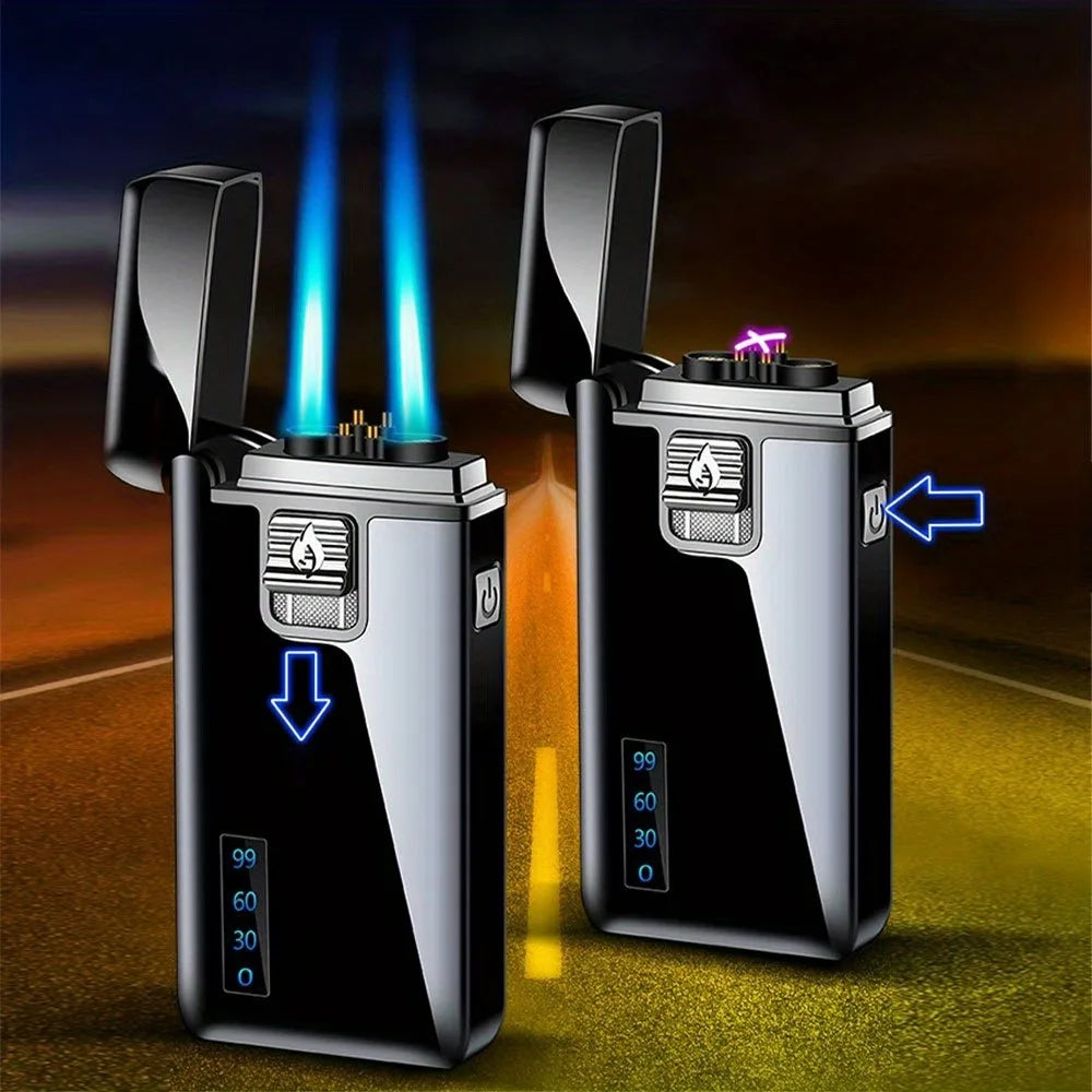Double Jet Flame Torch Lighter Dual Arc Electronic Lighter USB Rechargeable Butane Gas Windproof 2 In 1 Men Gas Electric Lighter