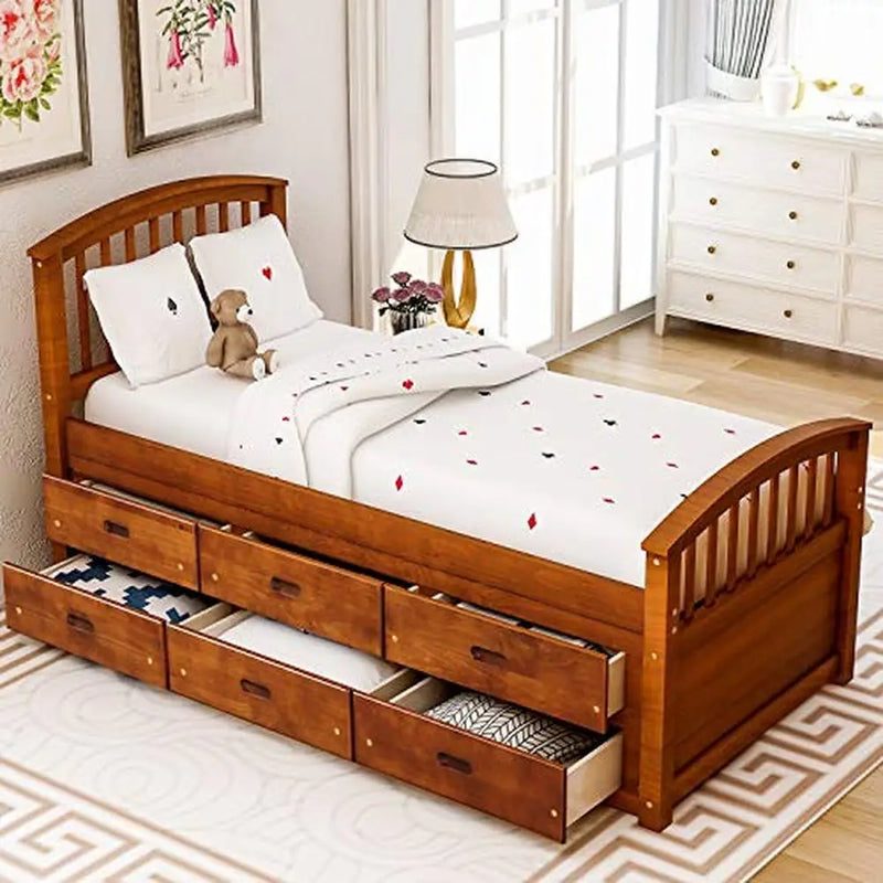 Twin Size Solid Wood Bed Platform with 6 Drawers Sturdy Perfect Kids Storage Solution Clothes Toys Books Easy Assembly Student