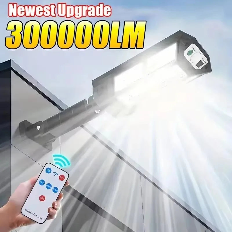 Powerful Solar Motion Light Outdoor Waterproof Garden Lamp with remote control and 300000LM brightness for outdoor lighting.