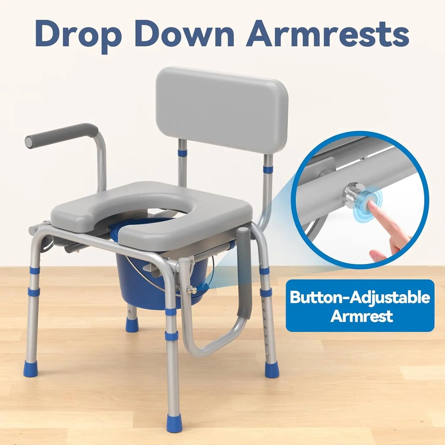 Drop-Arm Bedside Commode — Padded Seat, Adjustable, 500 lb Capacity
