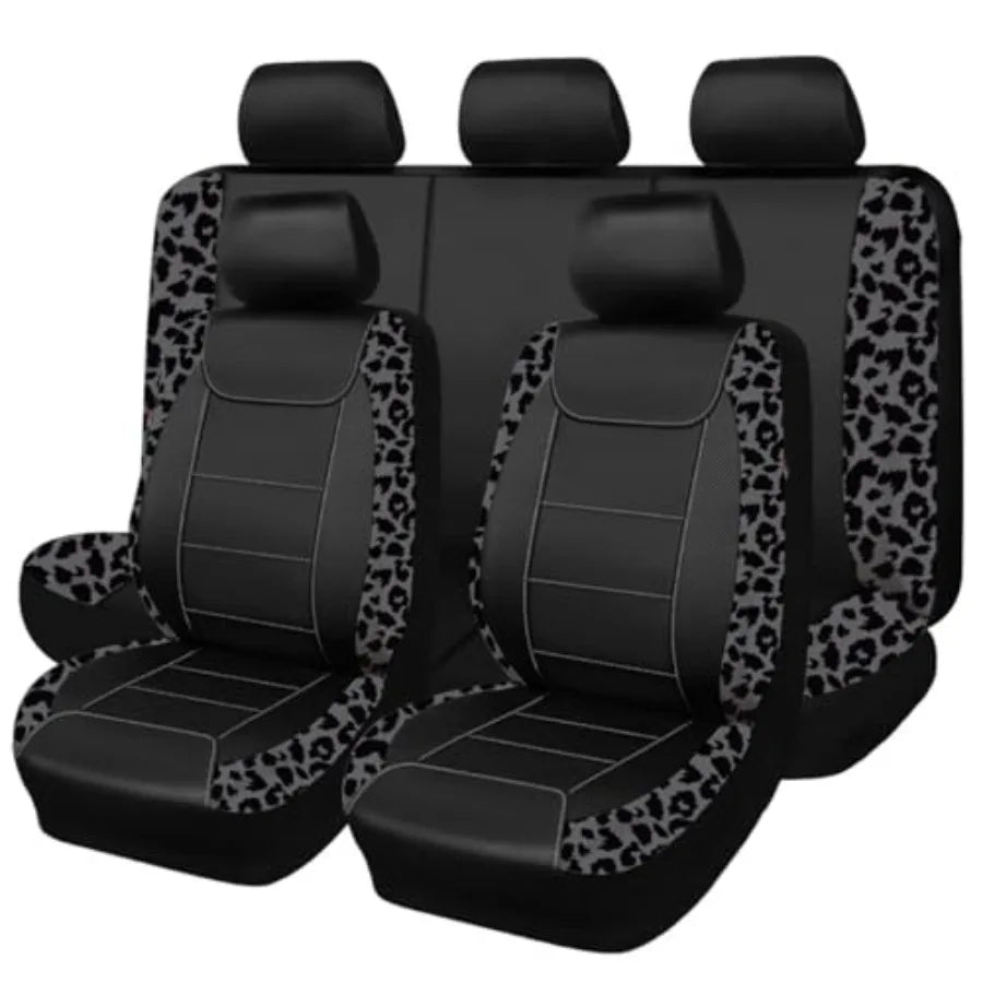 Carbon Fiber Leather Vehicle Seat Covers Leopard Gray Black Universal Fit