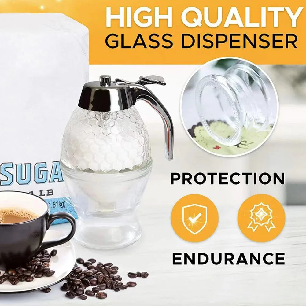 No-Drip Honey & Syrup Dispenser with Stand — Glass Jar Pourer