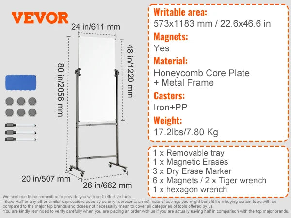 VEVOR Rolling Magnetic Whiteboard Double-Sided Mobile Whiteboard 360° Reversible Adjustable Height Dry Erase Board for School