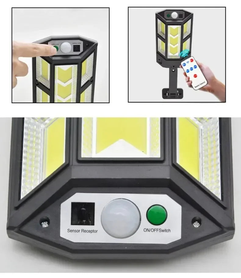 Powerful Solar Motion Light Outdoor Waterproof Garden Lamp showing remote control and sensor features.