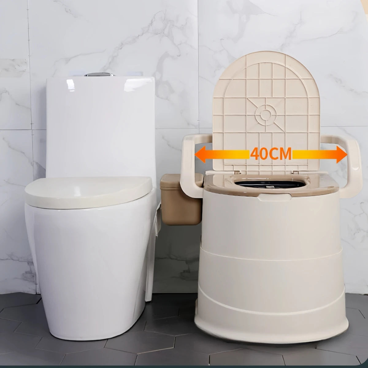 Portable Toilet with Back Support Camping and Travel Use next to a standard toilet highlighting size dimensions of 40CM.
