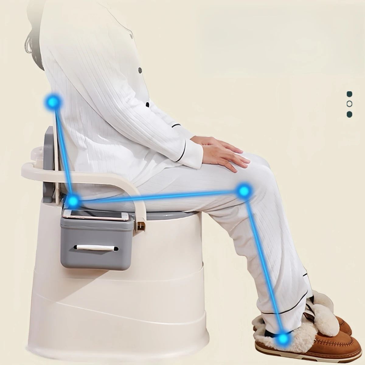 Portable Toilet with Back Support Camping and Travel Use, showing a person seated comfortably with back support.