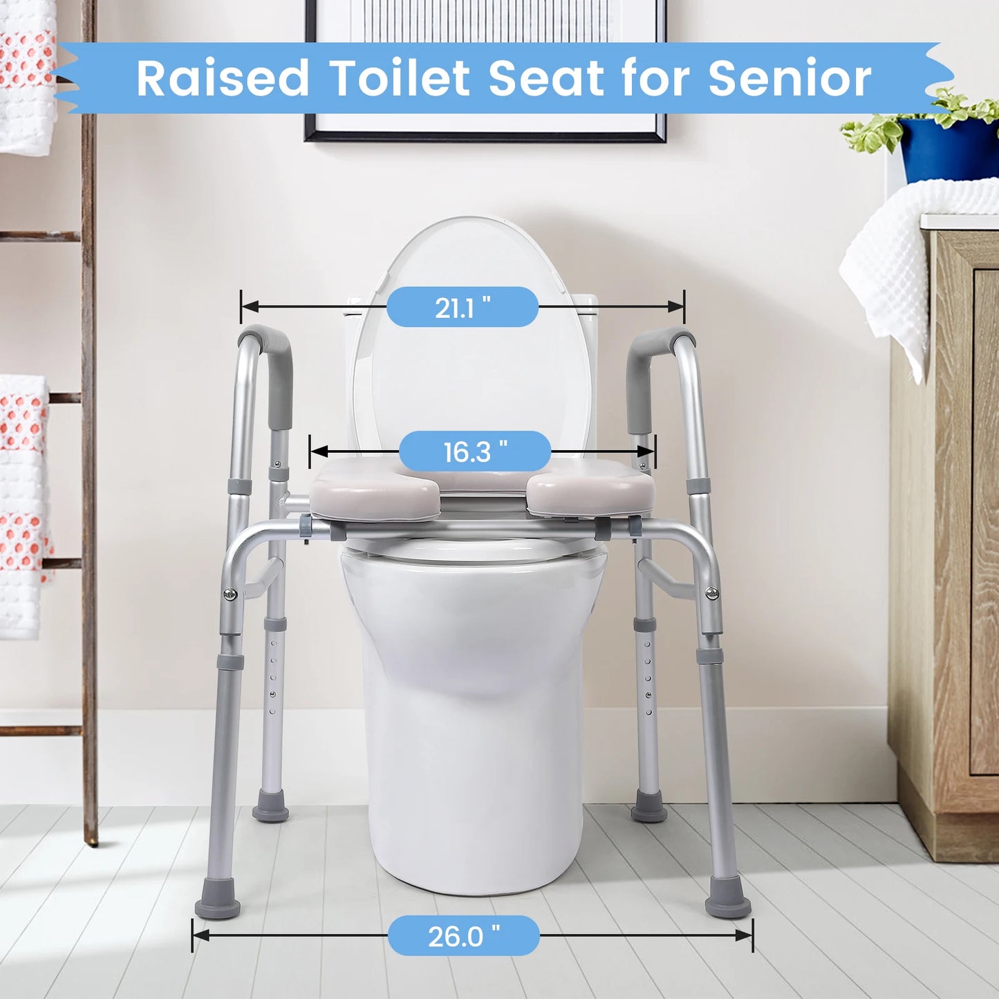 Raised Toilet Seat with Padded Frame — 350 lb, Adjustable for Seniors