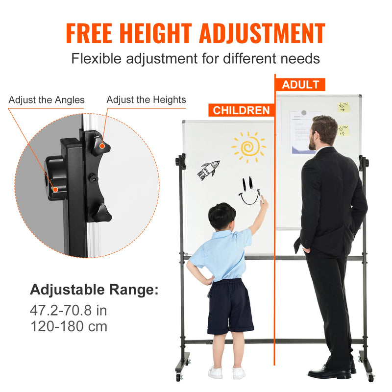 VEVOR Rolling Magnetic Whiteboard Double-Sided Mobile Whiteboard 360° Reversible Adjustable Height Dry Erase Board for School