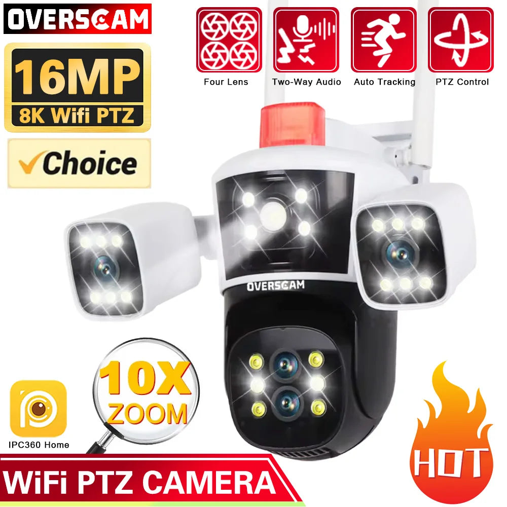 16mp 8K WIFI 10x Zoom Surveillance Outdoor Audio Floodlight Camera PTZ Four-Lens Three Screens Security 360°Monitor CCtv Network