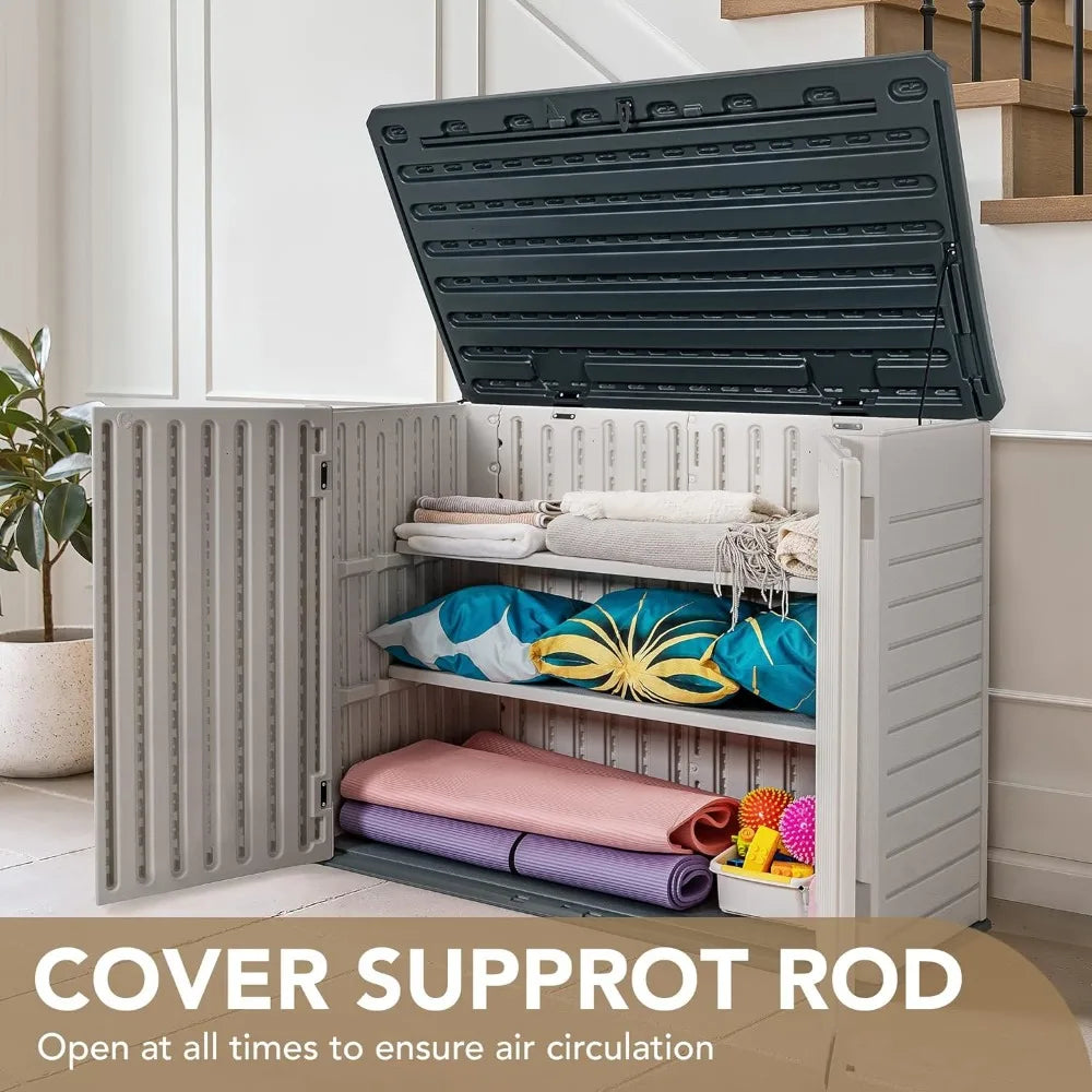 Resin Outdoor Storage Shed 34 Cu Ft Horizontal Outdoor Storage Cabinet Waterproof Patio Tools Storage Box for Pool Toys,