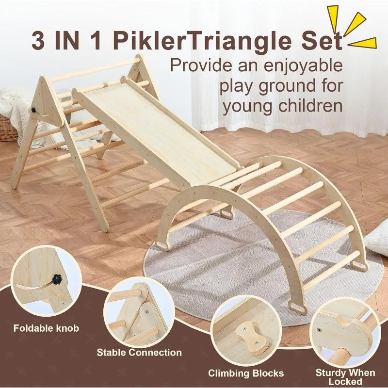 Pikler Triangle Set, Foldable Climbing Play Gym with Arch, Ramp, and Climbing Triangle, Wodden Toddler Climbing Toys Indoor