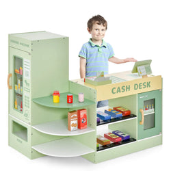 Wooden Supermarket Play Toy Set Kids Grocery Store Playset with Checkout Counter