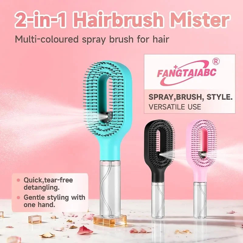 2-in-1 Hairbrush with Water Sprayer — Detangling & Styling Comb