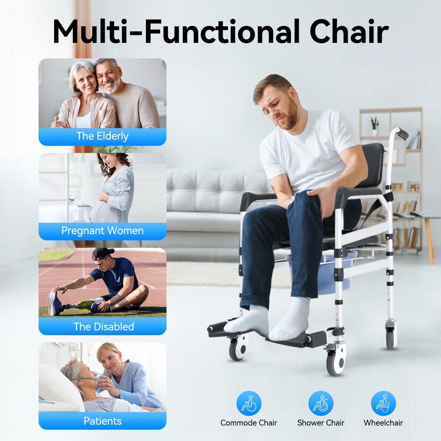 Folding Shower Chair with Wheels — Adjustable Height for Seniors