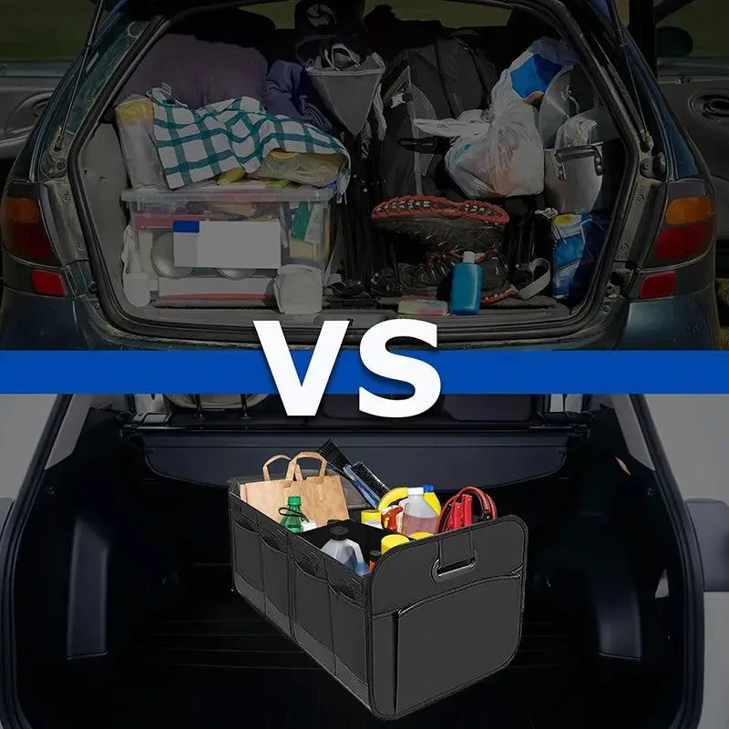 Car Storage Box to Organize Your Trunk & Say Goodbye to Mess comparison image showing a cluttered trunk vs an organized trunk.