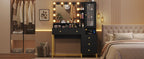 Makeup Vanity Desk with Mirror and Lights, Power Outlet, RGB LED Cabinet,  5 Drawers & Side Storage Bag, Black and Gold