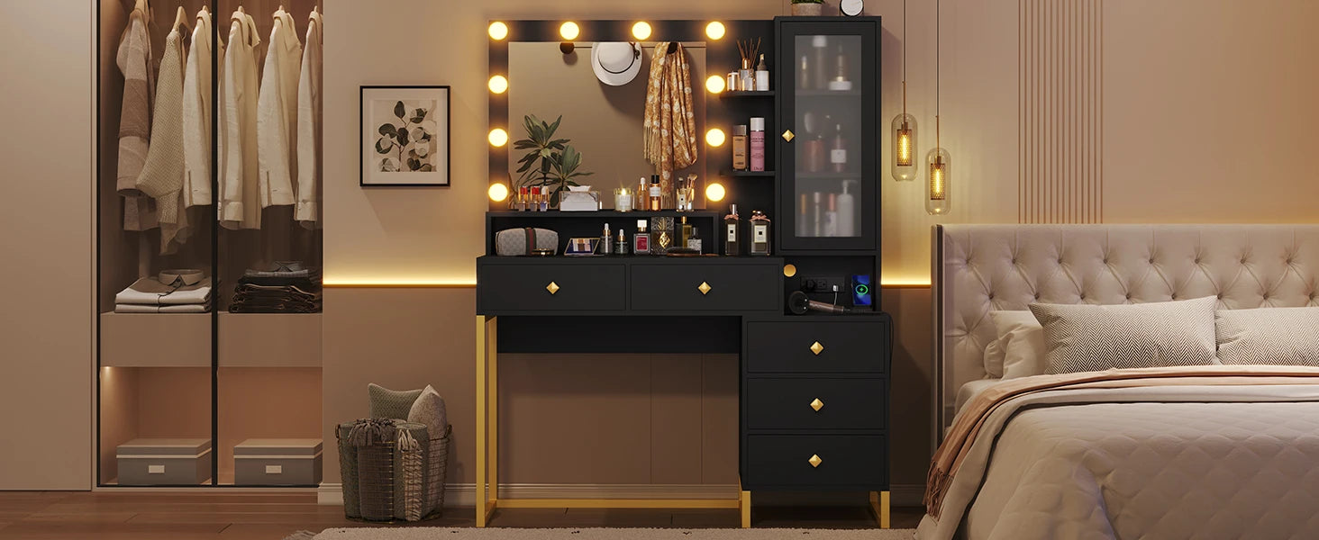 Makeup Vanity Desk with Mirror and Lights, Power Outlet, RGB LED Cabinet,  5 Drawers & Side Storage Bag, Black and Gold