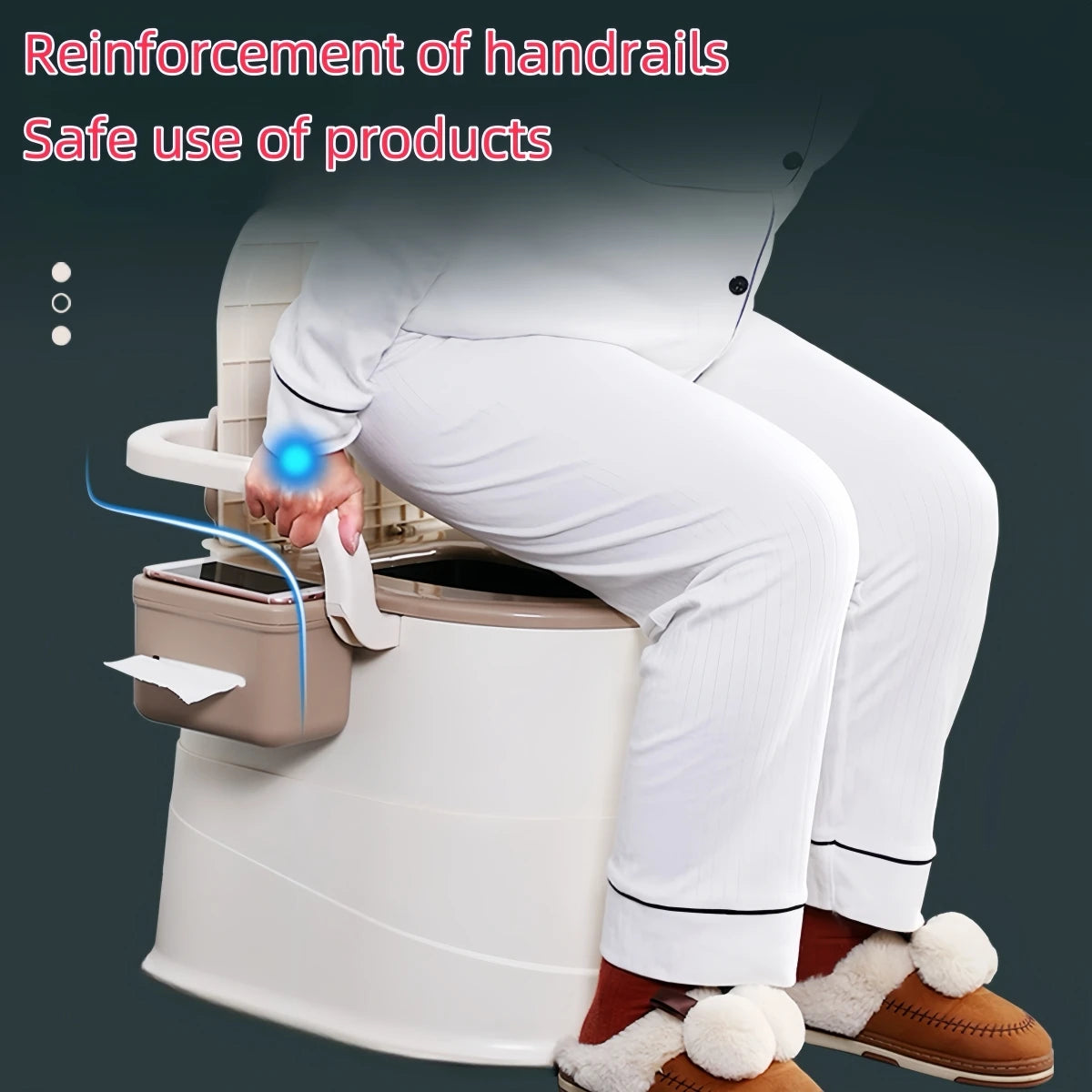 Person using a Portable Toilet with Back Support Camping and Travel Use, demonstrating handrail features for safety.