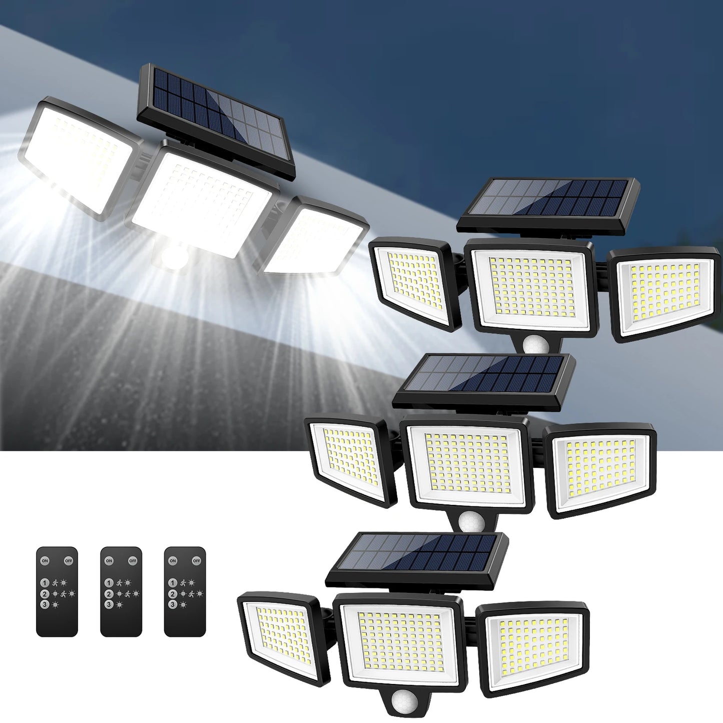 Solar Motion Sensor Security Light. 3- Head, 200+ LEDs, Waterproof