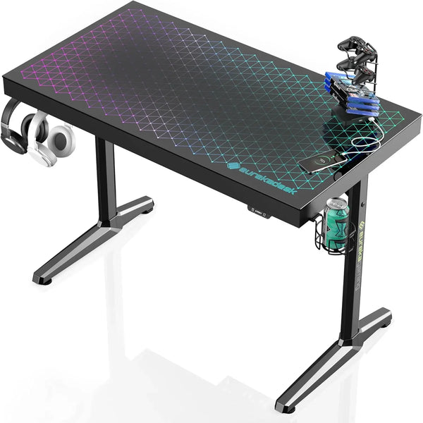 EUREKA ERGONOMIC RGB LED Gaming Desk, Music Sync Lights Up Tempered Glass Desktop, 43" GTG I43 Home Office Computer Table W Cont