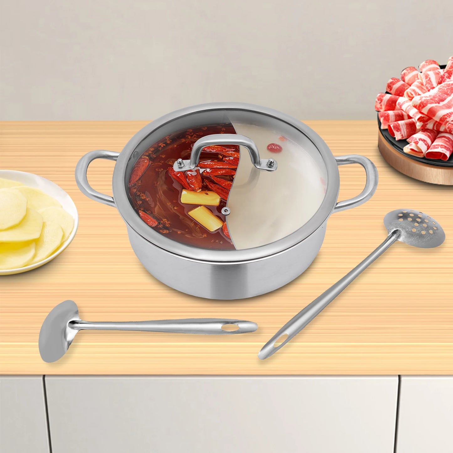304 Stainless Steel Divided Hot Pot — 26cm, 2 Compartment with Lid