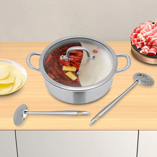 304 Stainless Steel Divided Hot Pot — 26cm, 2 Compartment with Lid