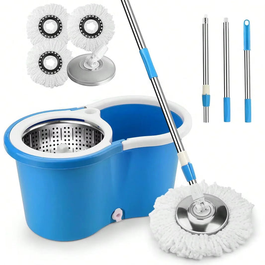 Heavy-Duty 360° Spin Mop & Bucket System — 3 Mop Heads, Steel Handle