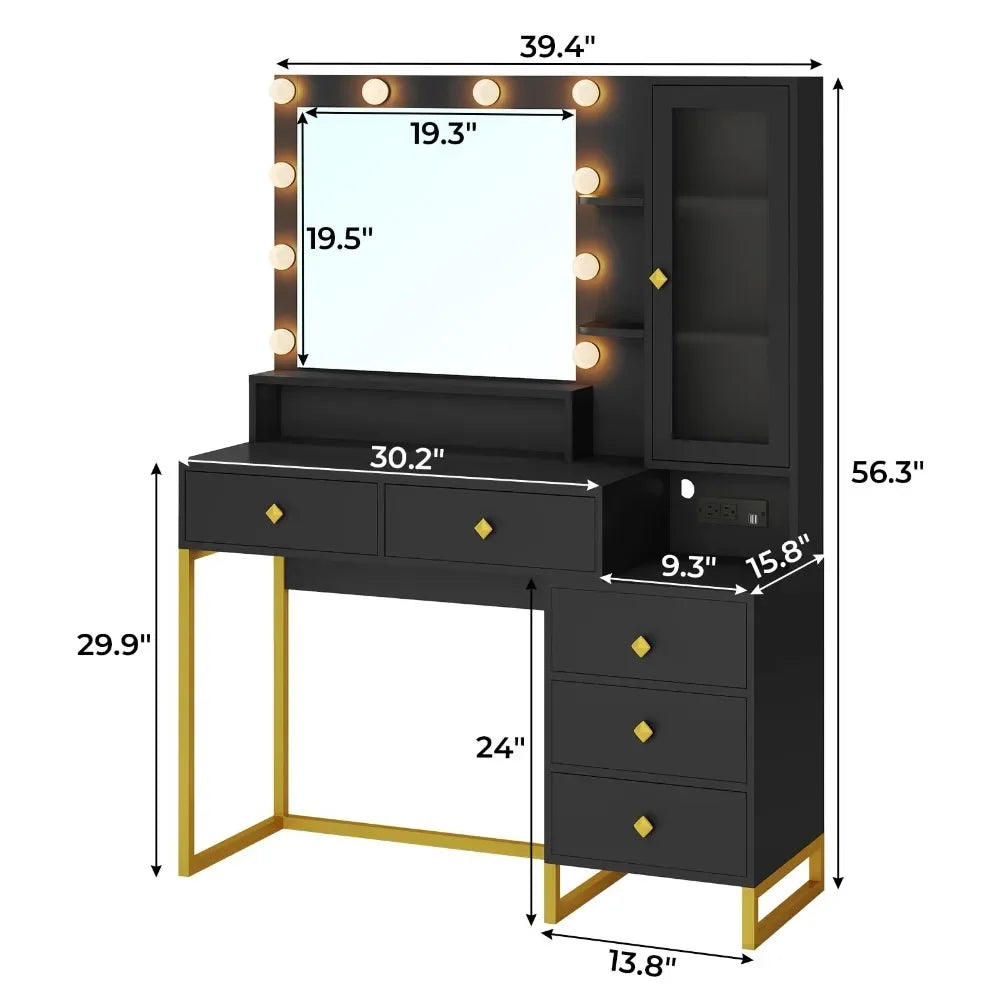 Makeup Vanity Desk with Mirror and Lights, Power Outlet, RGB LED Cabinet,  5 Drawers & Side Storage Bag, Black and Gold