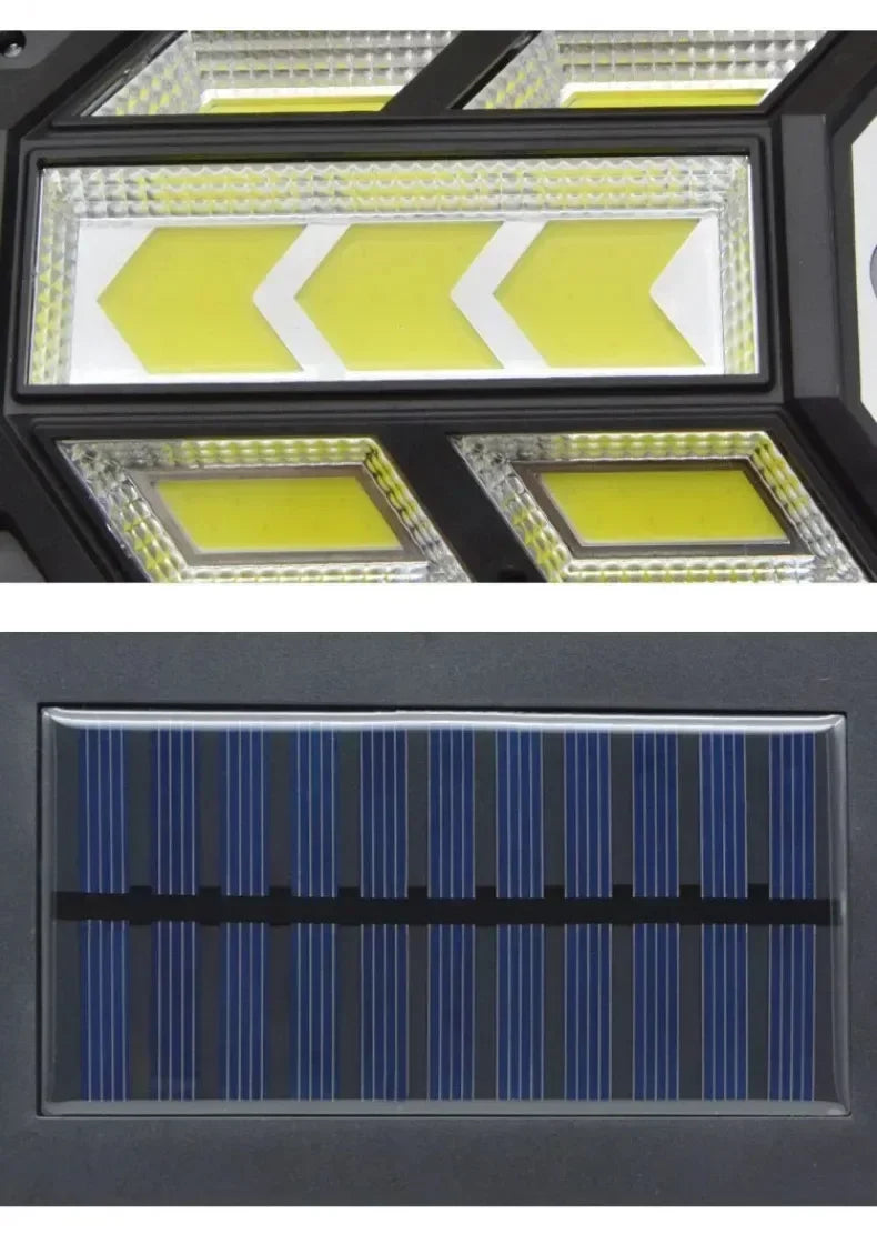 Powerful Solar Motion Light Outdoor Waterproof Garden Lamp featured close-up showing LED light panels and solar charging surface.