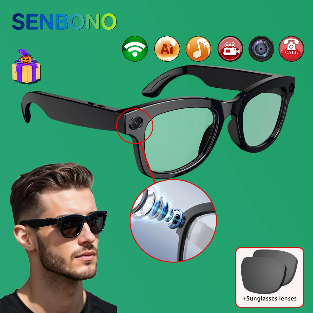 SENBONO AI Translator Smart Glasses With 8MP Camera Take Videos And Photo Sunglasses BT Call for Men Women 4K HD Fashion Glasses