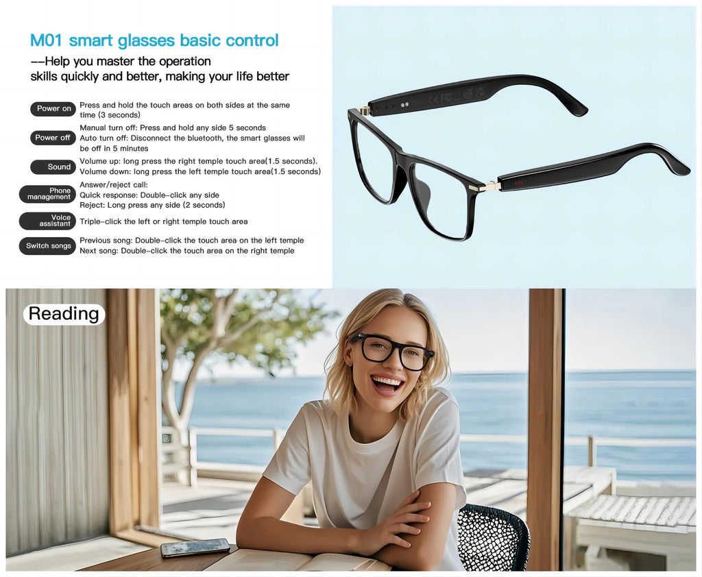 Smart glasses, app translation, color-changing lenses, high-definition voice calls, Hi-Fi music quality, open-ear audio glasses.