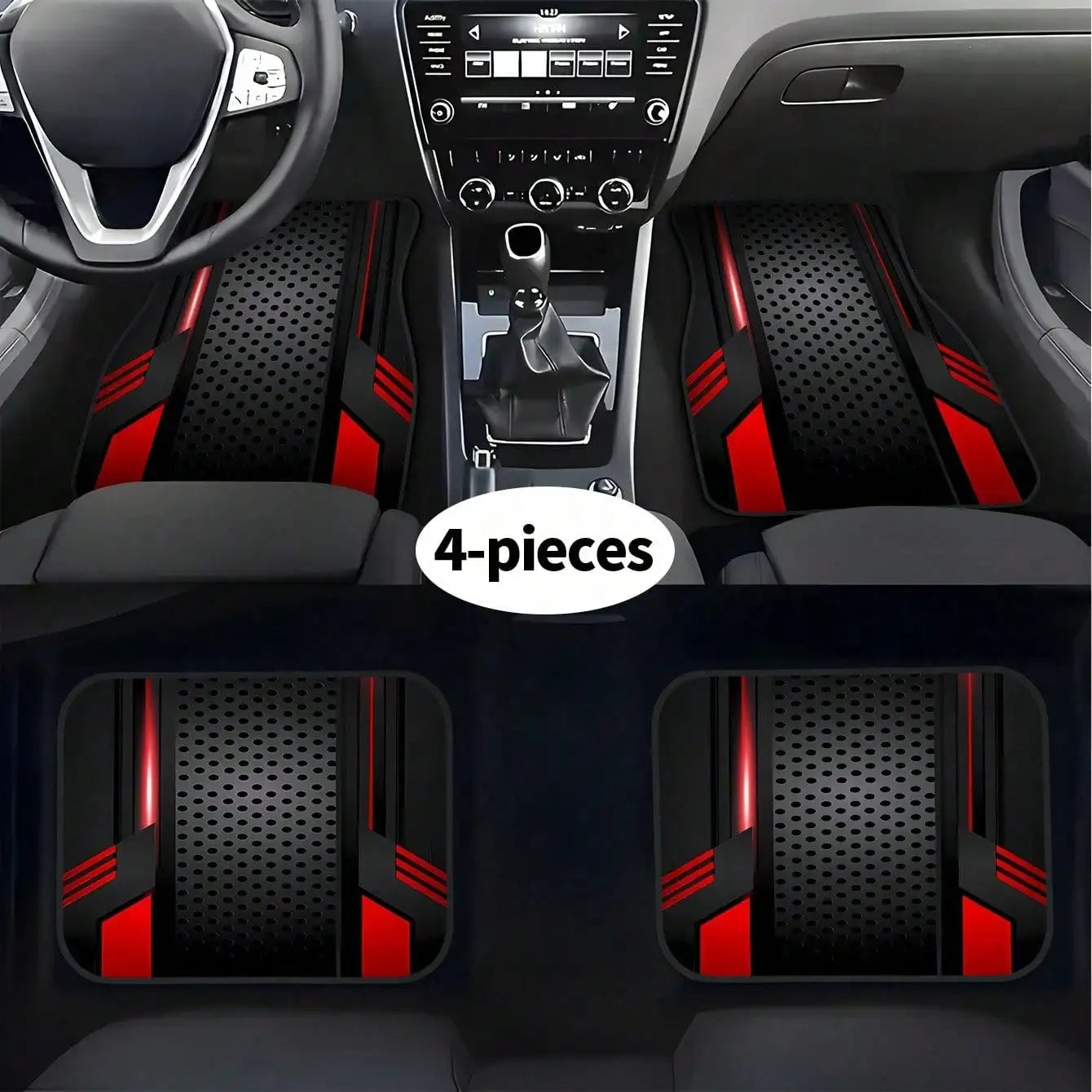 Tech-Style Panel Pattern Car Floor Mats, 4-Piece All-Season Set