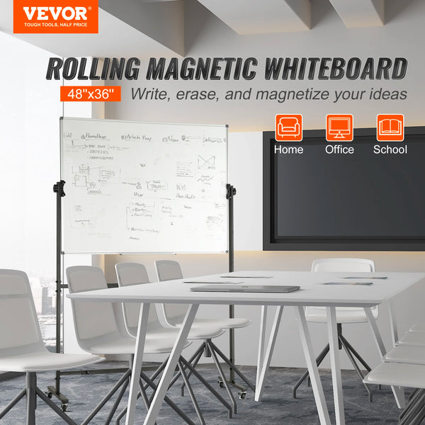 VEVOR Rolling Magnetic Whiteboard Double-Sided Mobile Whiteboard 360° Reversible Adjustable Height Dry Erase Board for School