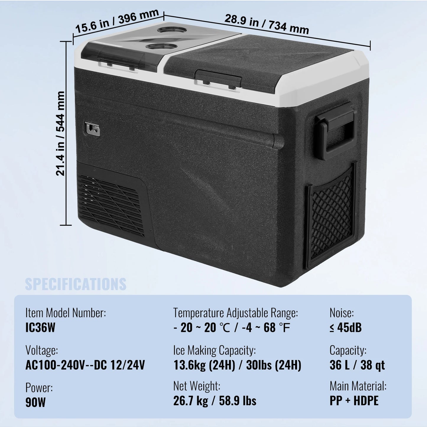 VEVOR Portable 12V Car Refrigerator Dual Zone Freezer 38QT