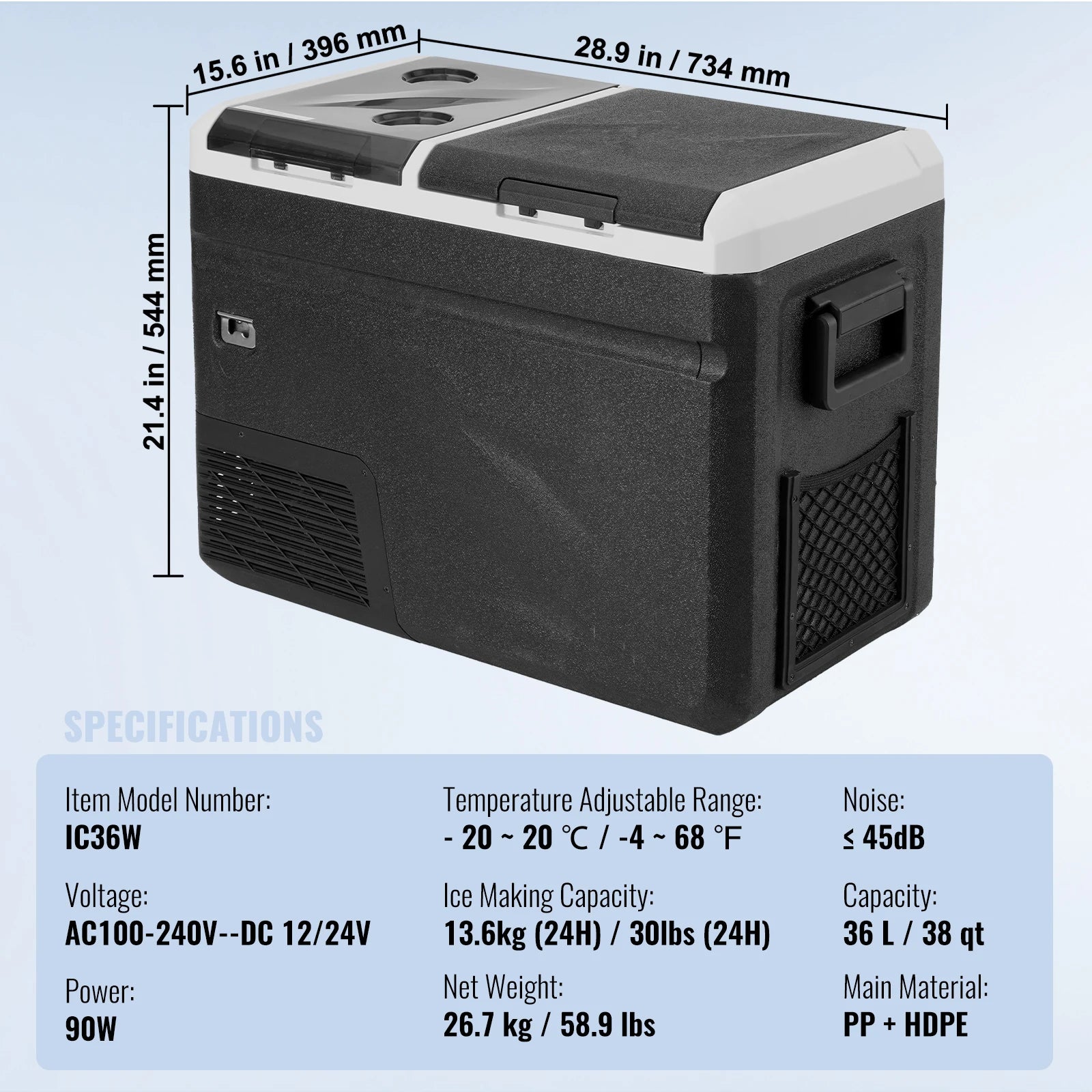 VEVOR Portable 12V Car Refrigerator Dual Zone Freezer 38QT