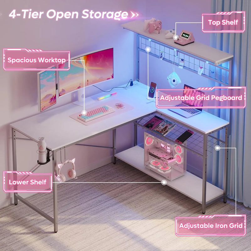 51 L Shaped Gaming Desk with Power Outlets, LED Workstation with 4 Tiers Shelves for Home Office,White