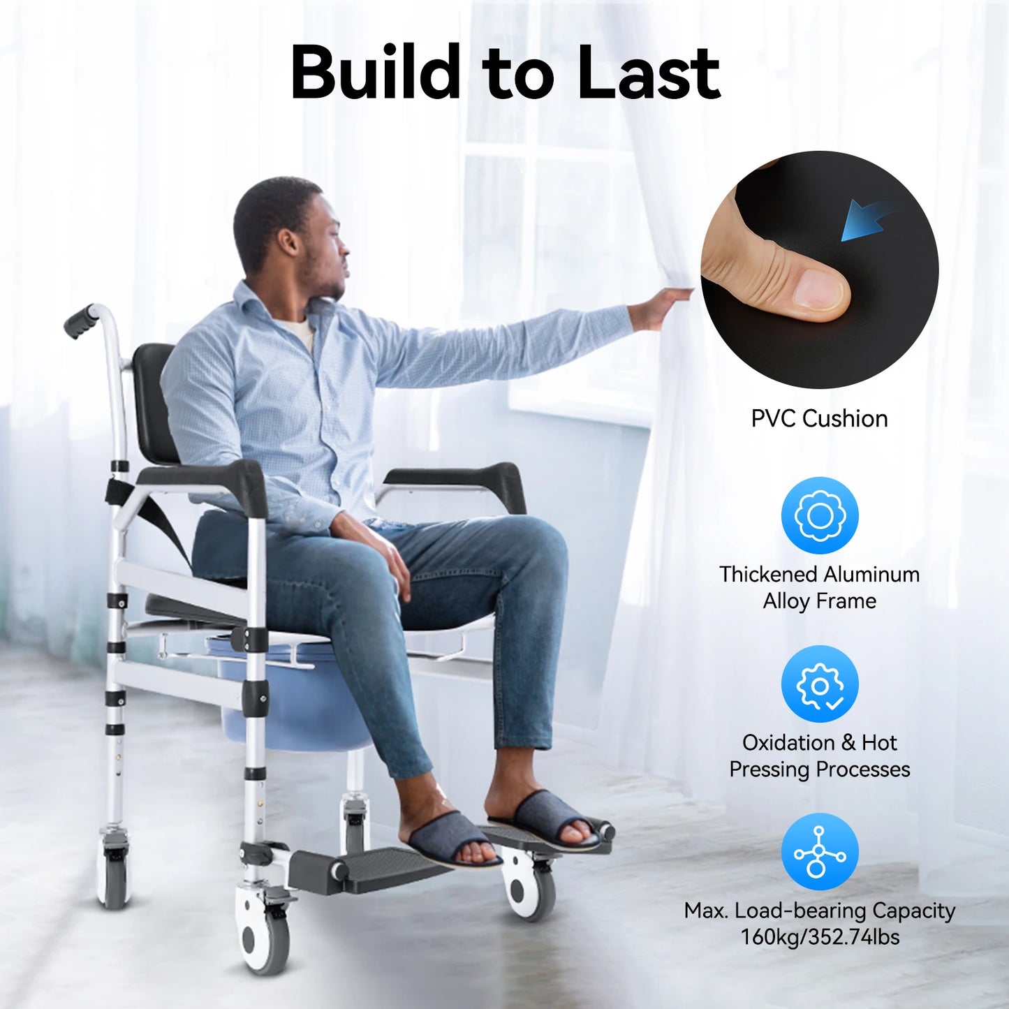 Folding Shower Chair with Wheels — Adjustable Height for Seniors