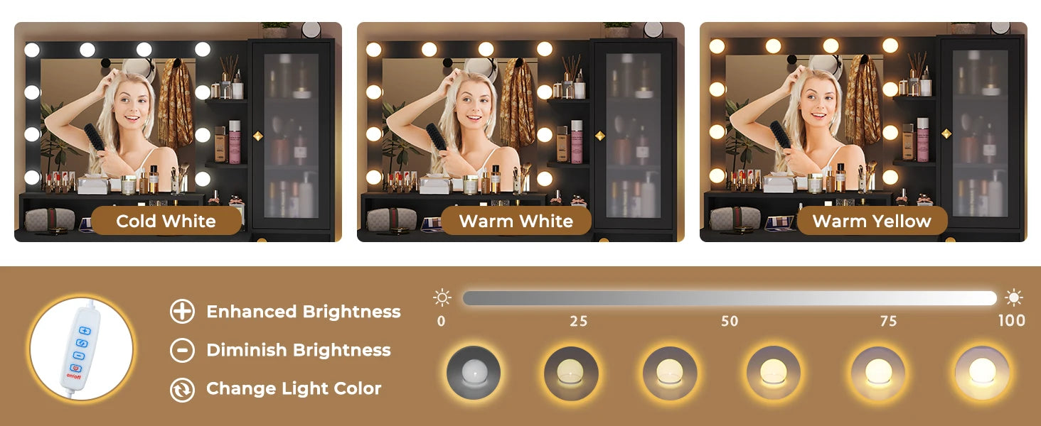 Makeup Vanity Desk with Mirror and Lights, Power Outlet, RGB LED Cabinet,  5 Drawers & Side Storage Bag, Black and Gold