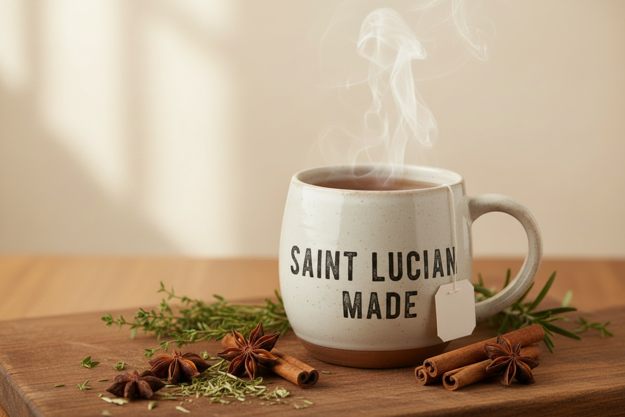 Steaming mug labeled 'Saint Lucian Made' on a wooden surface with cinnamon sticks and herbs.