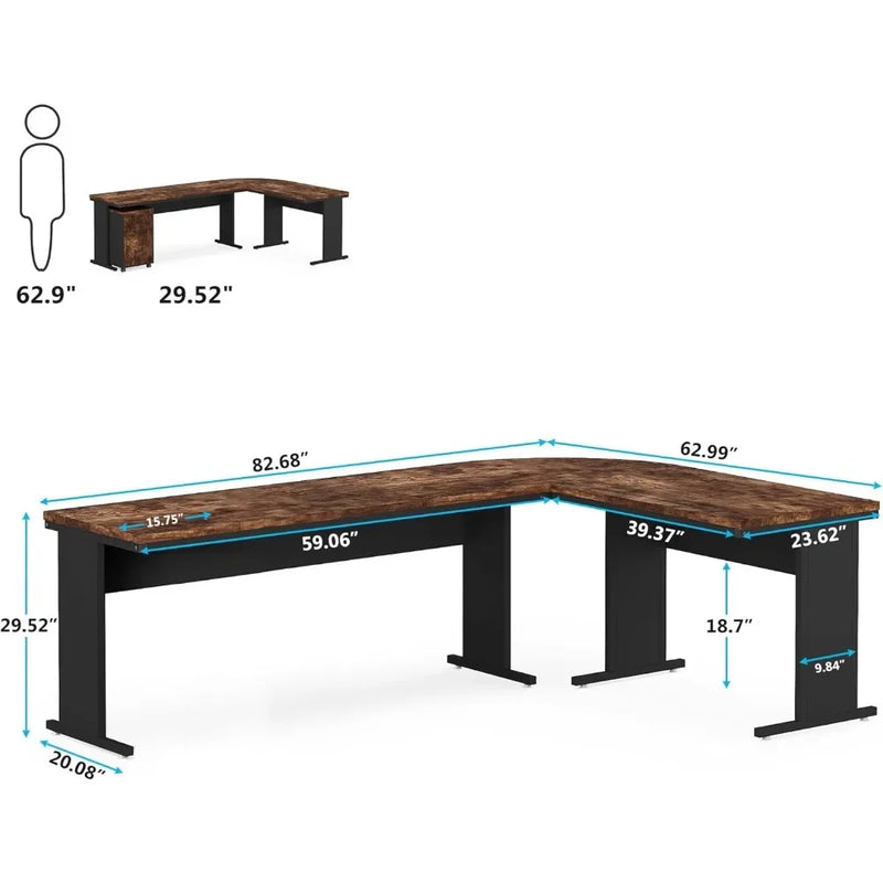 83" L-Shaped Executive Desk, Large Office Desk with 3-Drawer Mobile File Cabinet, Industrial Corner Computer Desk